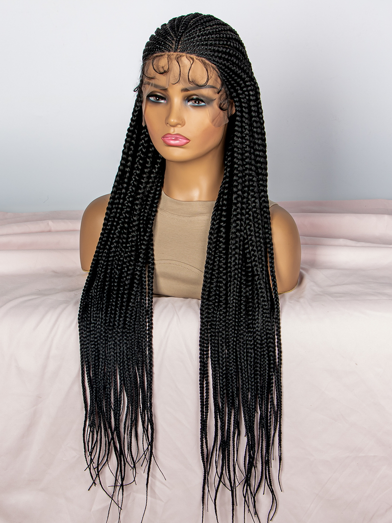 9*6 front lace braid wig head set 200% density hand woven braid head set full head thin braid separated from the middle shape natural fashion_voghion.com