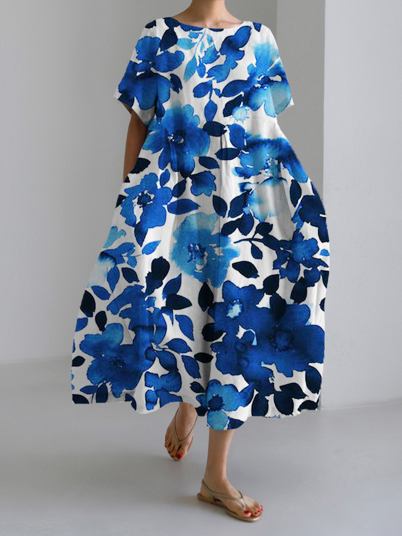 Abito da donna con stampa a maniche corte, alla moda, ampio e scollo rotondo_voghion.com