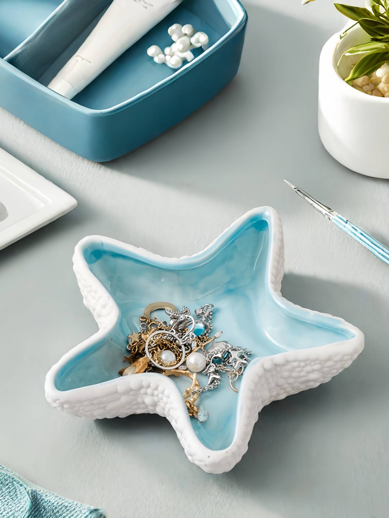 Starfish Ceramic Jewelry Tray, Nordic Style Decorative Accessory, Suitable For Desktop Lobby Key Storage Tray, Office Desk, Home, And Girls' Room_voghion.com
