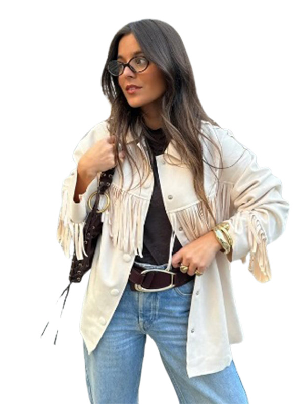 Bohemian Quasten-Wildlederjacke für Damen – Vintage-Mantel mit Fransenrevers (Weiß, S-L)_voghion.com