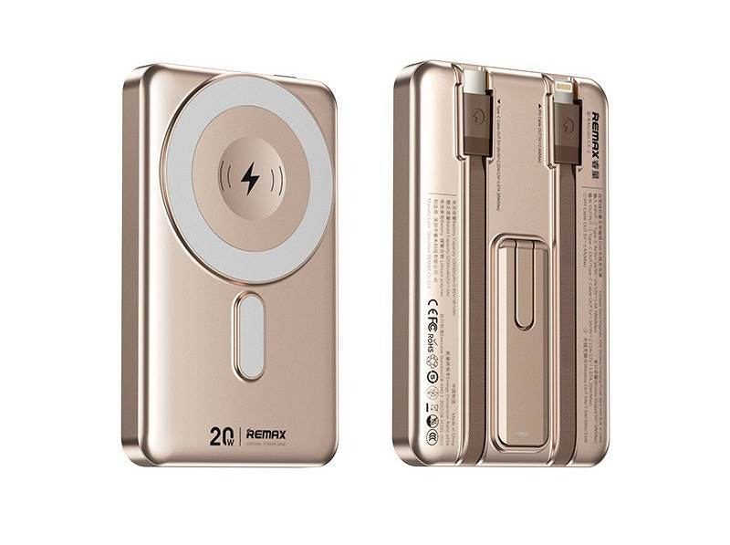 REMAX Magnetische, faltbare, kabellose Powerbank mit integrierten Kabeln, 15 W Schnellladung, 5000 mAh/10000 mAh tragbares Ladegerät für das iPhone_voghion.com