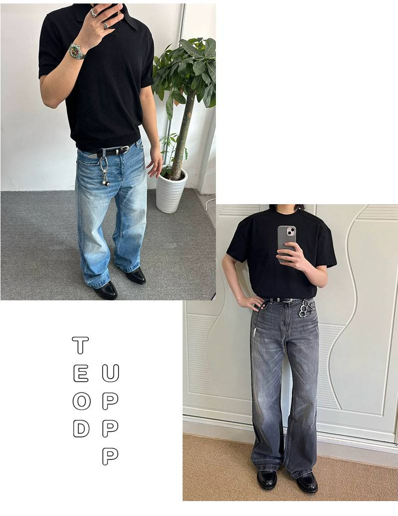 Herrenbekleidung Eisblaue verwaschene Herrenjeans – High-Ounce-A-Linien-Denim mit weitem Bein (Gletscher-Ripple-Effekt)_voghion.com