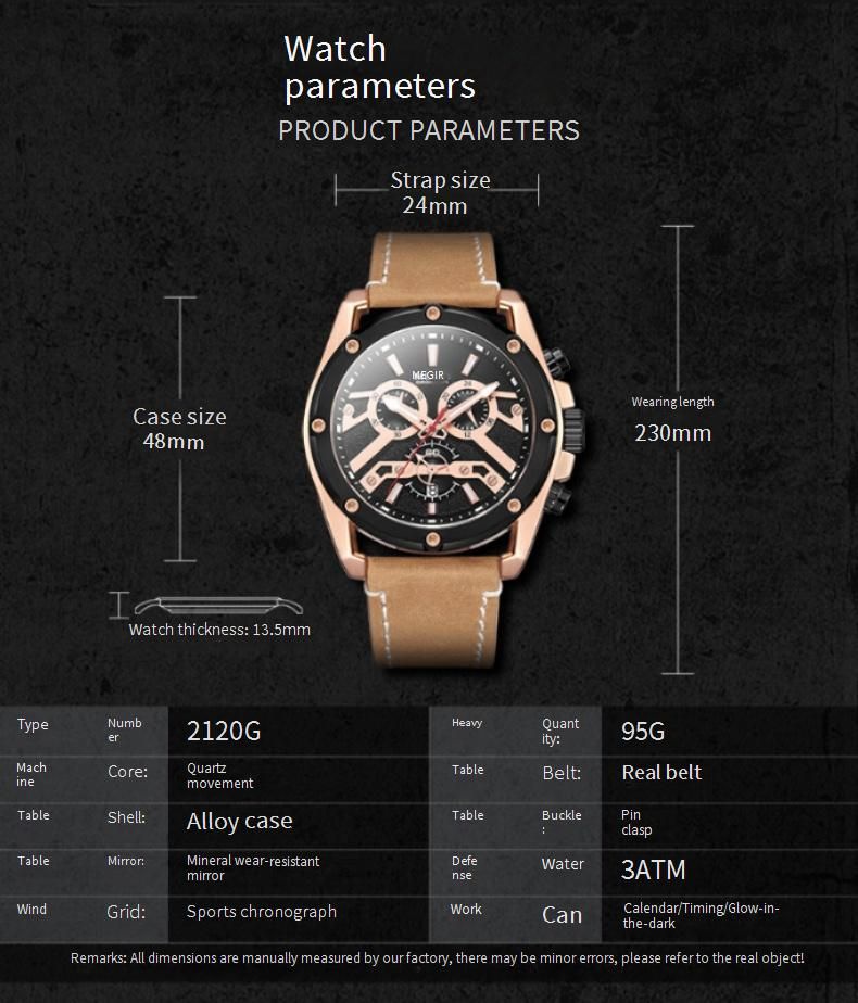 Orologio cronografo sportivo da uomo – Cinturino in vera pelle da 48 mm con lancette luminose e data (movimento al quarzo, resistente all'acqua)_voghion.com