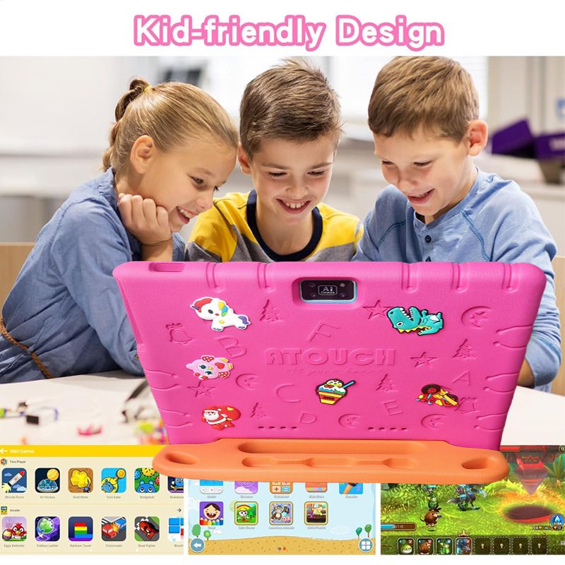 Tablette pour enfants ATOUCH K36 10,1 pouces avec contrôle parental, 128 Go de stockage, double caméra, système d'exploitation Android, Wi-Fi, étui en silicone antichoc (versions US/UK/EU/AU)_voghion.com