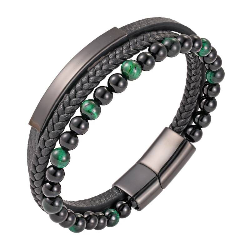 Men's Braided Multi-Layer Black Genuine Leather Bracelet With Natural Tiger Eye Stone, Magnetic Closure, Handcrafted Chain Link Cuff_voghion.com