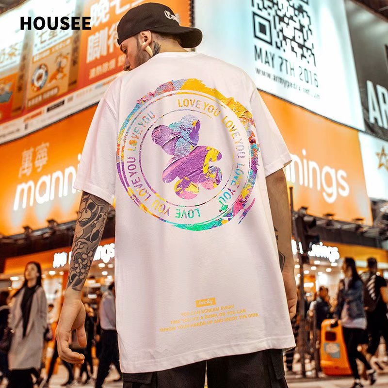 C&J Oversize moda narodowa moda hip-hop niedźwiedź koszulka z krótkim rękawem moda męska luźna duża para pół rękawa_voghion.com