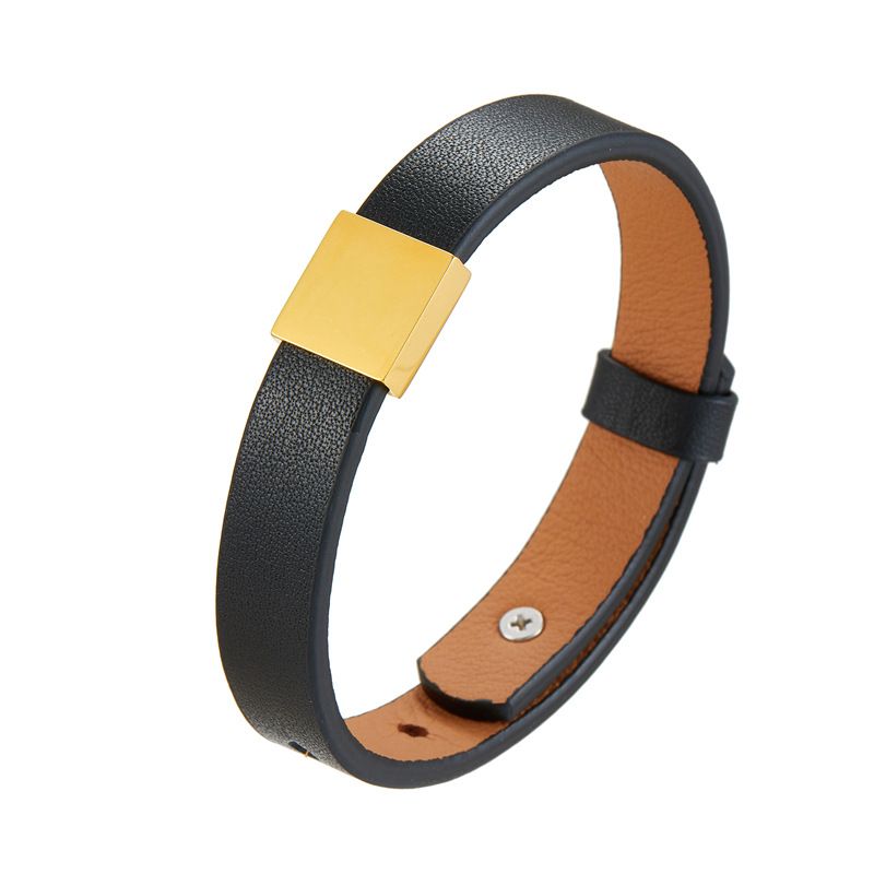 Unisex Genuine Simple Stainless Steel Smooth Surface Customizable Engraving Cowhide DIY Leather Bracelet_voghion.com
