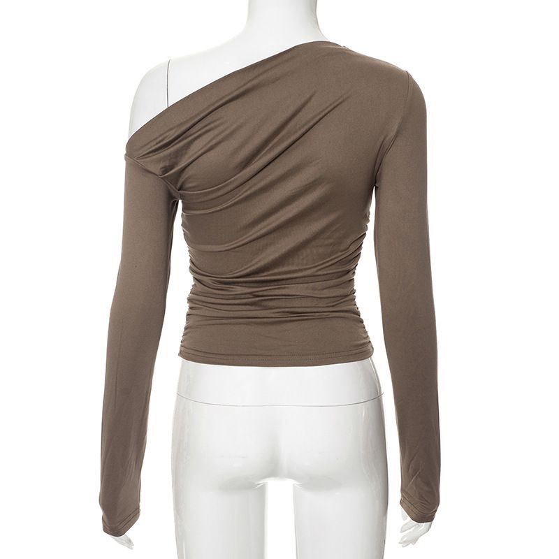 Europäesch an amerikanesch grenziwwerschreidend Fraen Hierscht Ins Nei Einfarweg Schréi Schëller Laangärm Geplisserte Navel Baring Top T-Shirt Weiblech_voghion.com