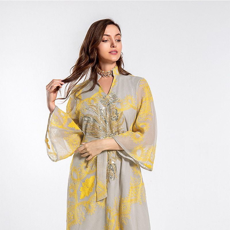 Női ruha, abaya, muszlim etnikai stílusú, gyöngyös, virágos, nagy szoknyájú estélyi ruha_voghion.com