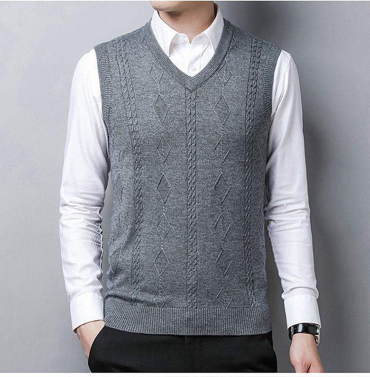 Herren-Wollweste mit V-Ausschnitt, ärmelloser Strickpullover für Papa, einfarbiger Slim-Fit-Pullover für Freizeit und Business_voghion.com