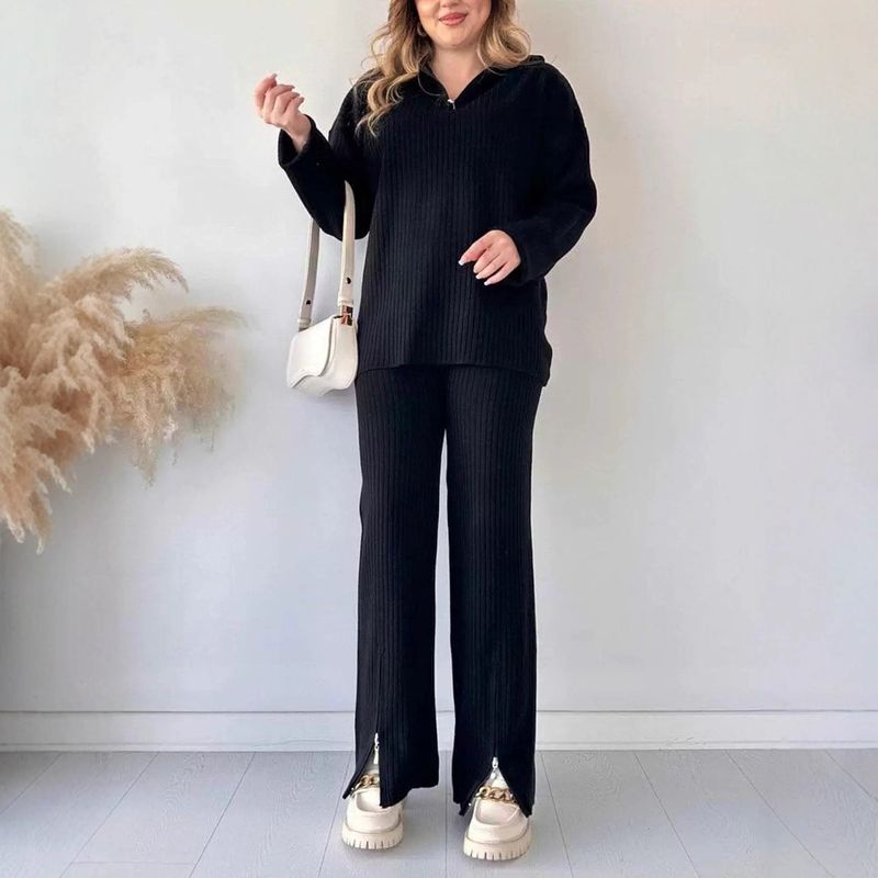 Ensemble deux pièces en tricot côtelé à col montant et fermeture éclair pour femme - Tenue d'automne douce avec manches longues et pantalon (disponible en 8 tailles, du S au XXXXXL)_voghion.com