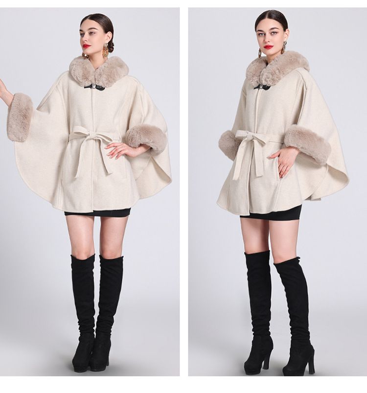 Mantella con cappuccio e colletto in lana, cardigan in pizzo lavorato a maglia da donna, cappotto in lana taglie forti_voghion.com