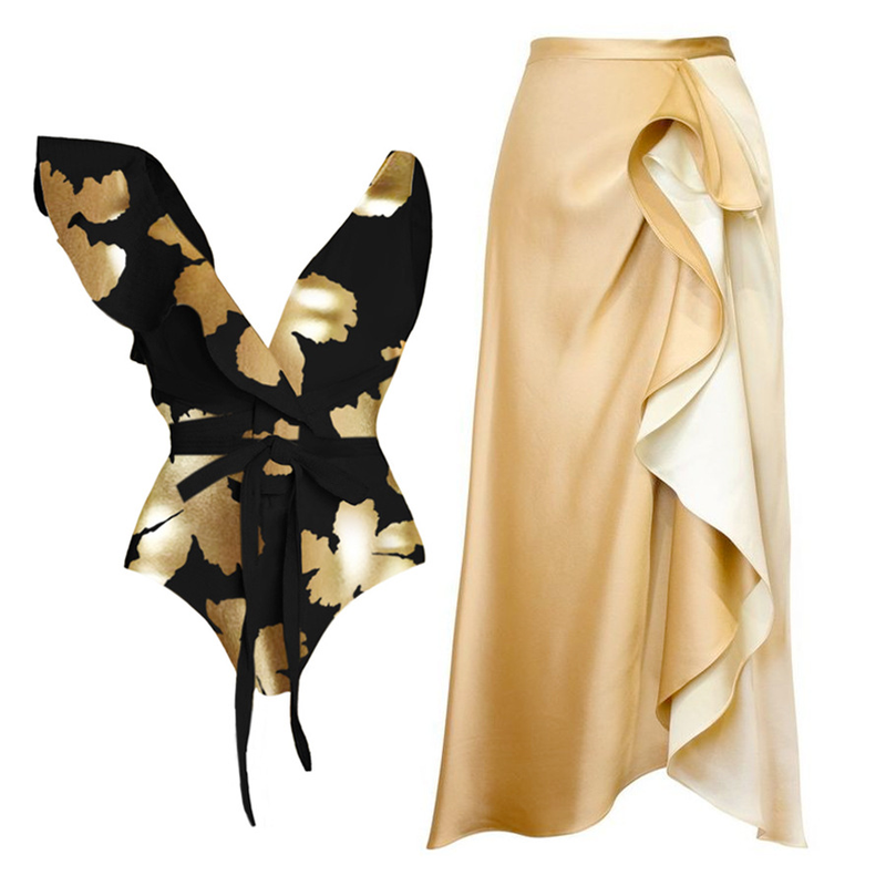 Costume intero da donna con stampa a V profonda con volant, nuovo stile 2024_voghion.com