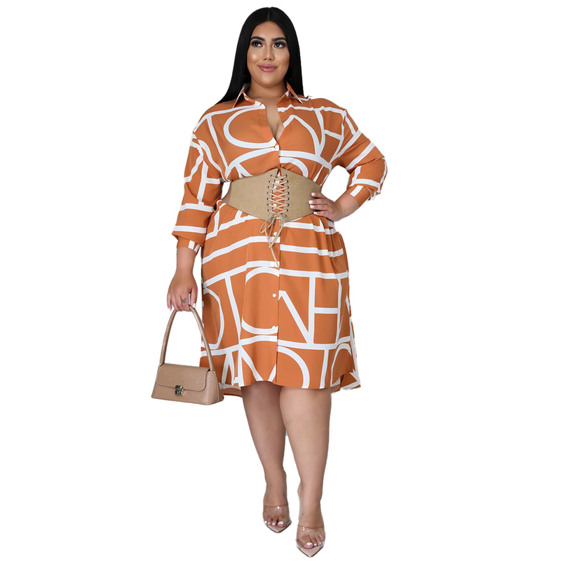 Damen bedrucktes Hemd mit plissierter Taille und Kleid in Übergröße für Damen_voghion.com
