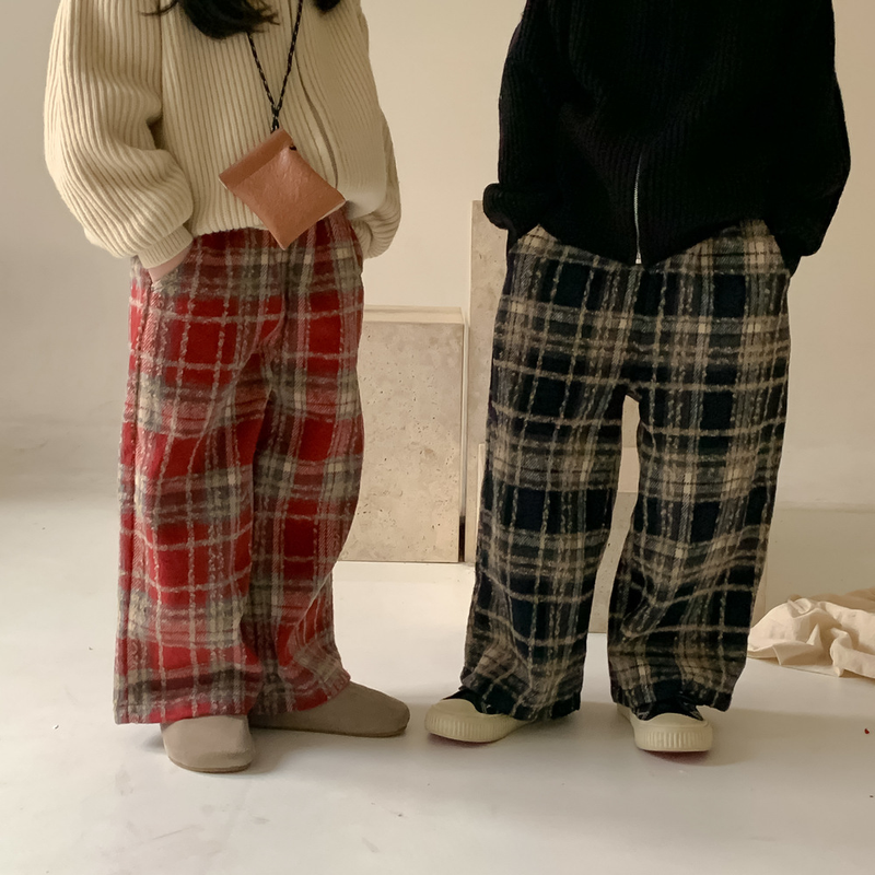 Pantaloni per bambini Pantaloni invernali a gamba dritta scozzese per ragazzi e ragazze Pantaloni scozzesi a gamba larga casual spessi per bambini_voghion.com
