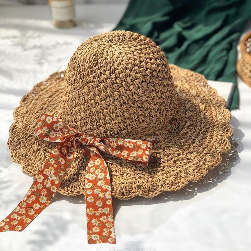 Handmade Straw Hollow Bow Streamer Straw Hat Women's Summer Travel Photo Visor 2024 New Beach Hat_voghion.com