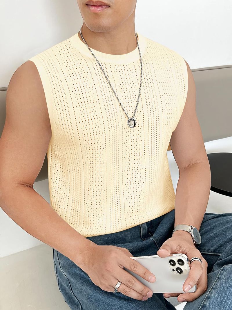 Sommer Herren Neue Einfarbige Strickmode Ärmelloses Top Hohl Atmungsaktiv Rundhals Casual Weste_voghion.com