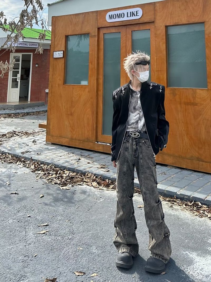 Men's Clothing Retro Old Wasteland Style Vintage Washed Distressed High Street Jeans For Men - Retro Wide Leg Trousers With Wrinkled Texture_voghion.com