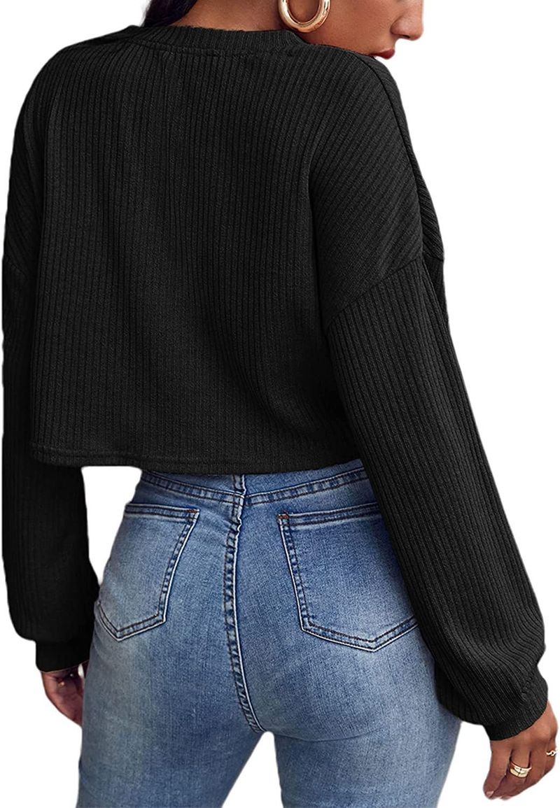 Top corto in maglia a maniche lunghe con scollo a V alla moda per donna - Miscela elasticizzata di poliestere e spandex, tunica casual dalla vestibilità ampia_voghion.com