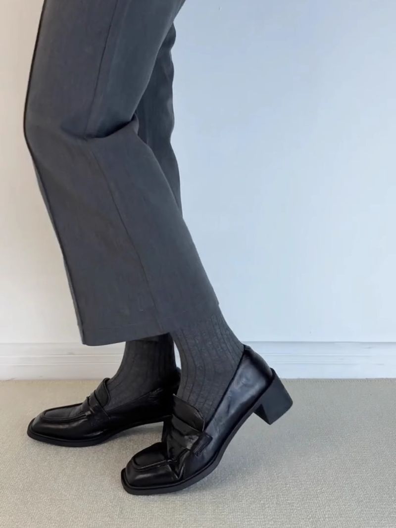 Mocassini Lancui Commuter 2025 Primavera con punta quadrata e tacco spesso, da donna, neri, senza lacci, con tacco medio_voghion.com