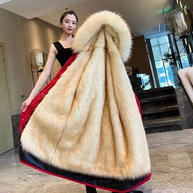 Parka invernale da donna con collo staccabile in pelliccia sintetica di volpe e fodera in visone, lunghezza lunga/regolare, capospalla elegante e caldo._voghion.com