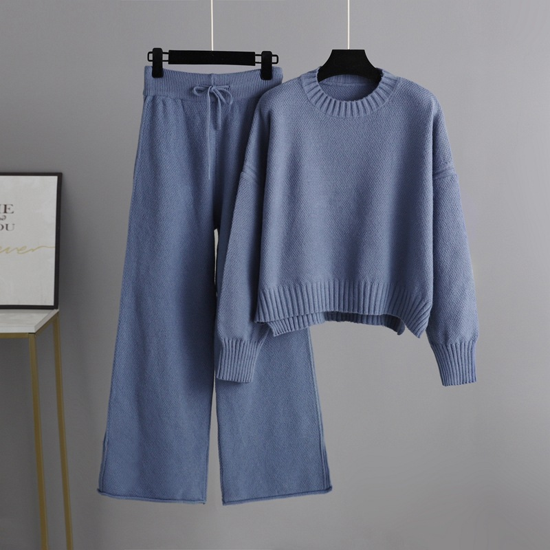 Dammekleeder Hierscht a Wanter nei Moud Casual Strickkostüm Hosen Dammenversioun locker Pullover Breetbeen Hosen Hosen Zwee-Stéck Set_voghion.com