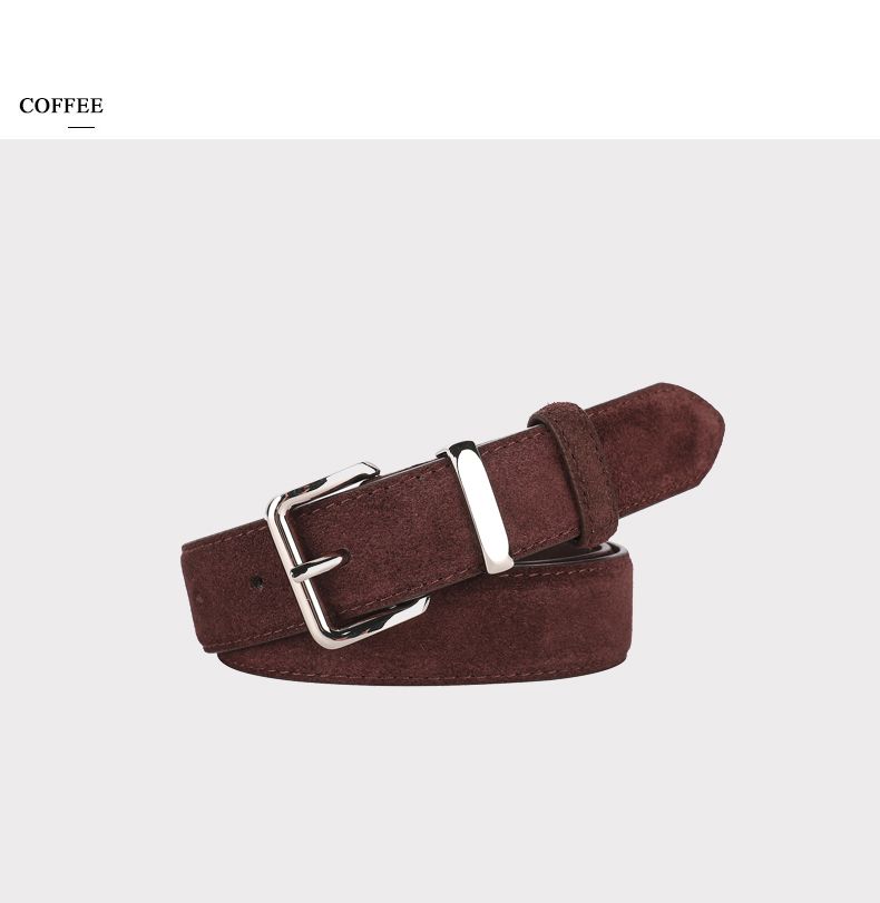 Modischer Damen-Wildledergürtel gepaart mit Jeans, 2,8 cm breiter Gürtel mit goldener und silberner Schnalle, luxuriöser Echtledergürtel_voghion.com