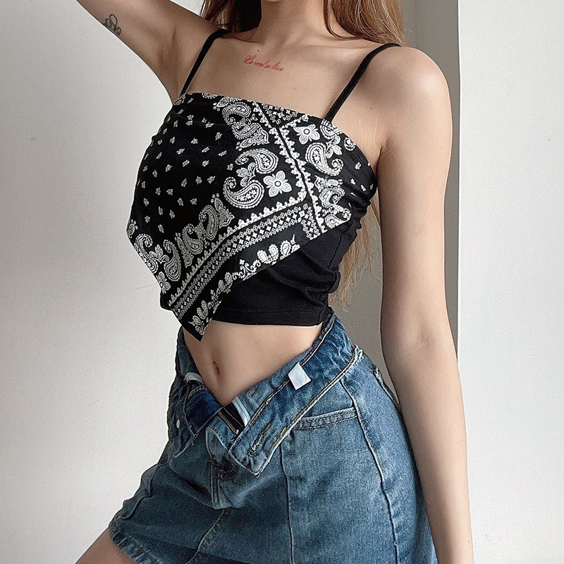 Street Style Cashew Flower Printed Suspender Top Women's Slim Fit, Versatile And Slimming Short Style, Paired With_voghion.com
