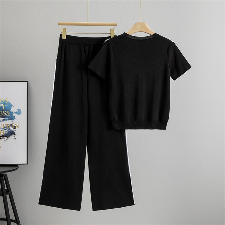 Women's Clothing Summer Off Shoulder Knitted Short Sleeved Tops Fashionable And Casual Wide Leg Pants Slimming Sports Two Piece Suits_voghion.com