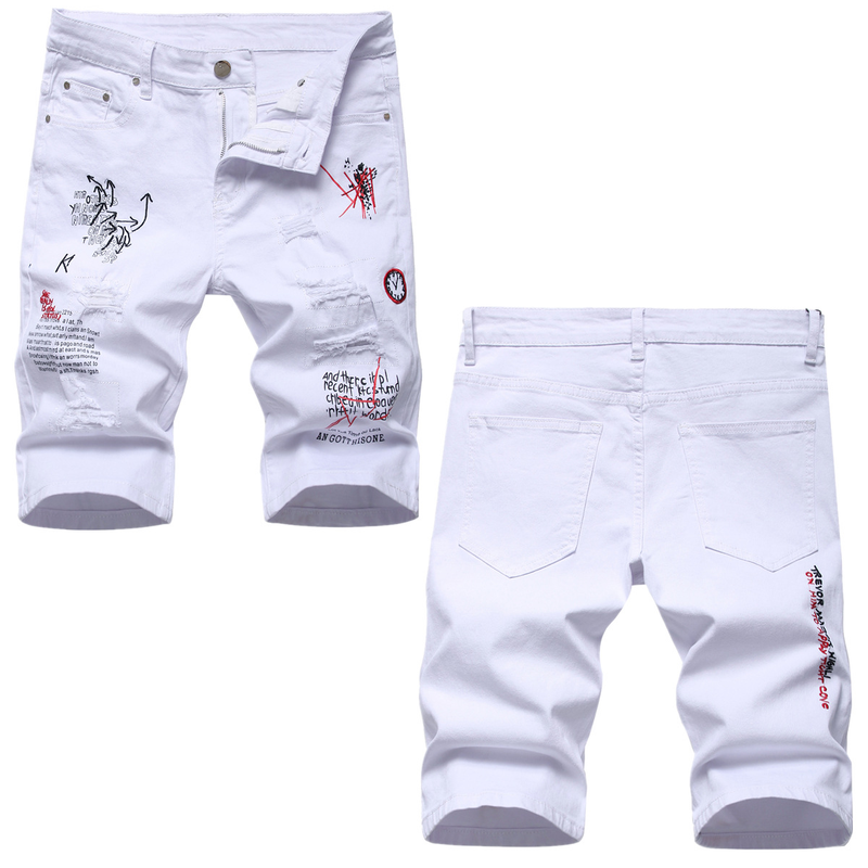 Man's clothing Light printed ripped embroidered denim shorts Men's slim stretch capri Hipster medium_voghion.com