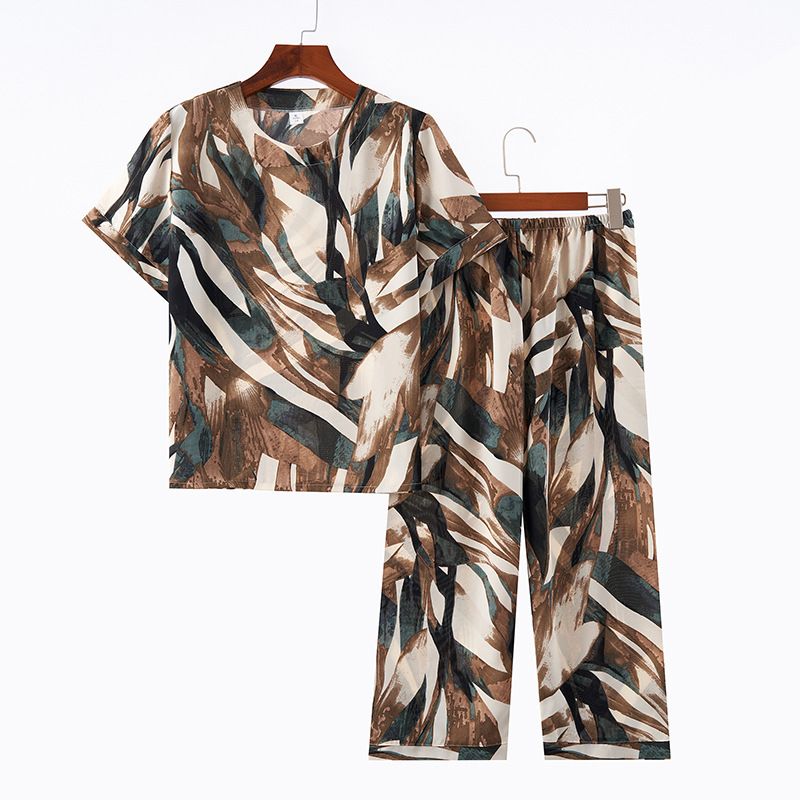 Conjunto de duas peças para mulheres de meia-idade e idosas, verão, gola redonda, estampado, manga curta, solto, casual, confortável, avó_voghion.com