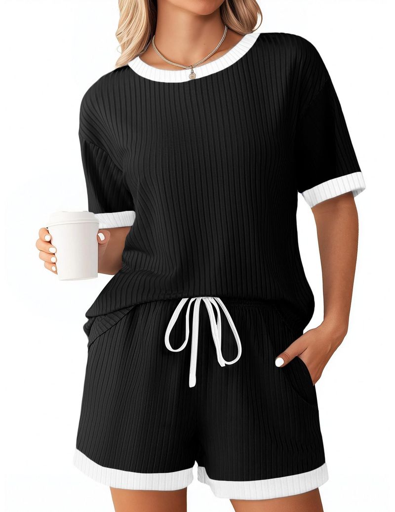 Kadın Giyim Yaz Yeni Düz Renk Çukur Çizgili Renk Uyumlu Pijama Kısa Kollu Ev Giyim Takımı_voghion.com