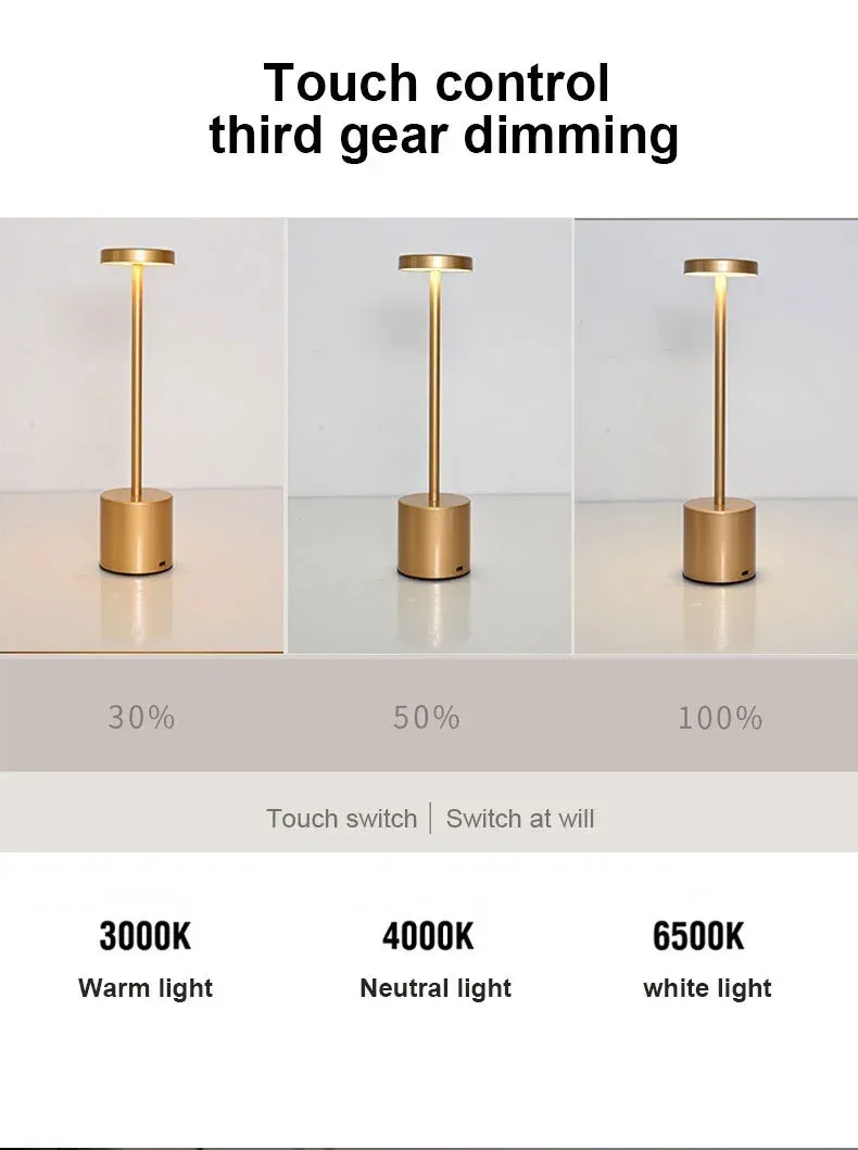 Lampada da tavolo semplice a LED ricaricabile in metallo con tocco, tre colori, lampada da scrivania senza fili da comodino, decorazione per esterni, luce notturna a LED_voghion.com
