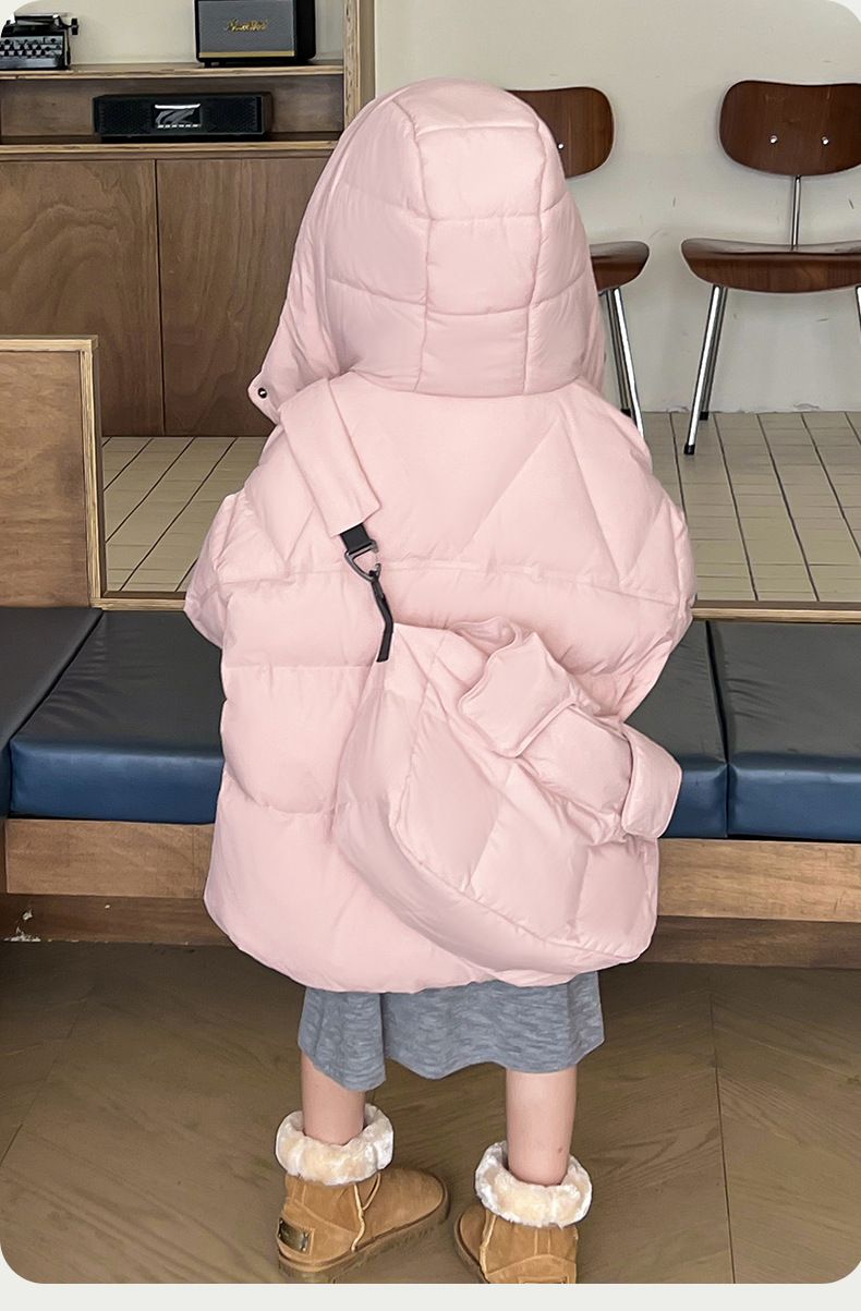 Piumino lungo in stile coreano per ragazze – Giacca invernale spessa con cappuccio, rosa/grigio/nero alla moda (120-160 cm)_voghion.com