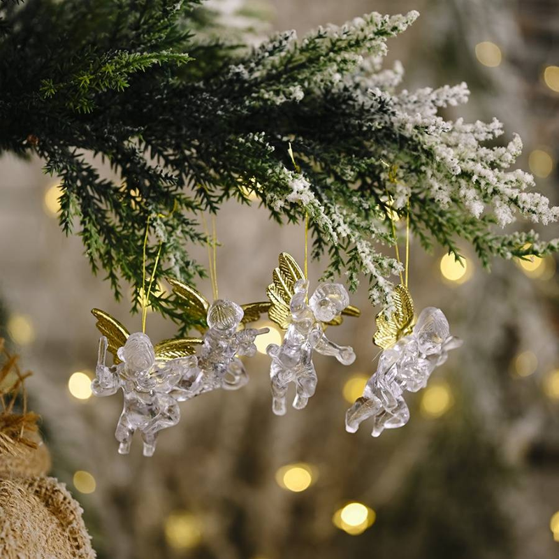 4pcs/Pack Christmas Mini Angel Pendant Christmas Tree Decoration Wings Angel Pendant Transparent Acrylic Home Store Decoration Window Pendant_voghion.com