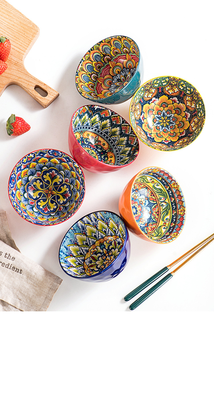 Bohemian Ceramic Dinnerware Set - 16-Piece Retro Style Bowls Plates & Soup Dishes For Kitchen & Dining (Dishwasher Safe)_voghion.com