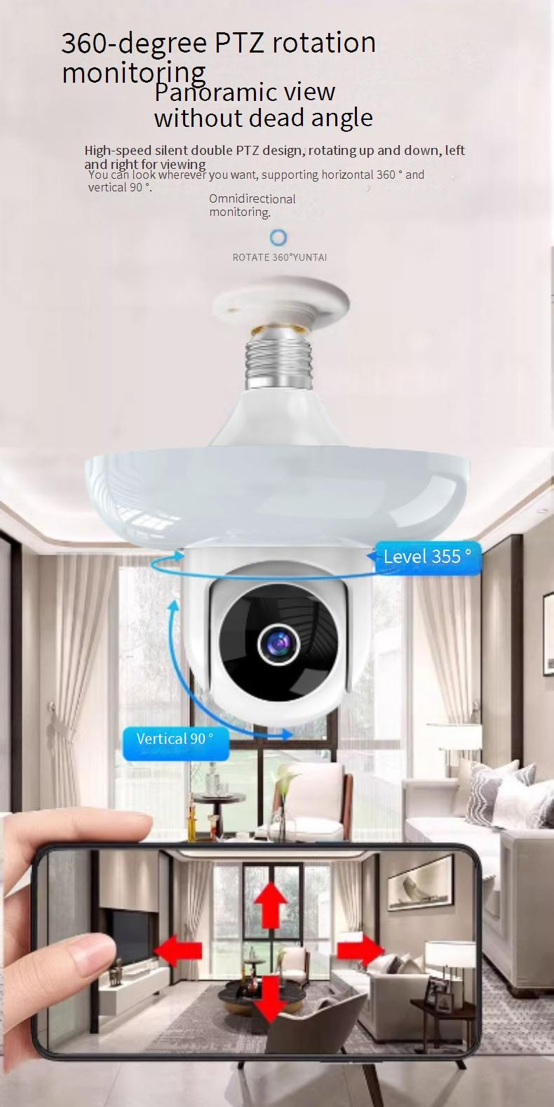 Telecamera di sicurezza con lampadina intelligente - Visione notturna wireless Wi-Fi a 360°, rilevamento del movimento, controllo remoto tramite app mobile, audio bidirezionale_voghion.com