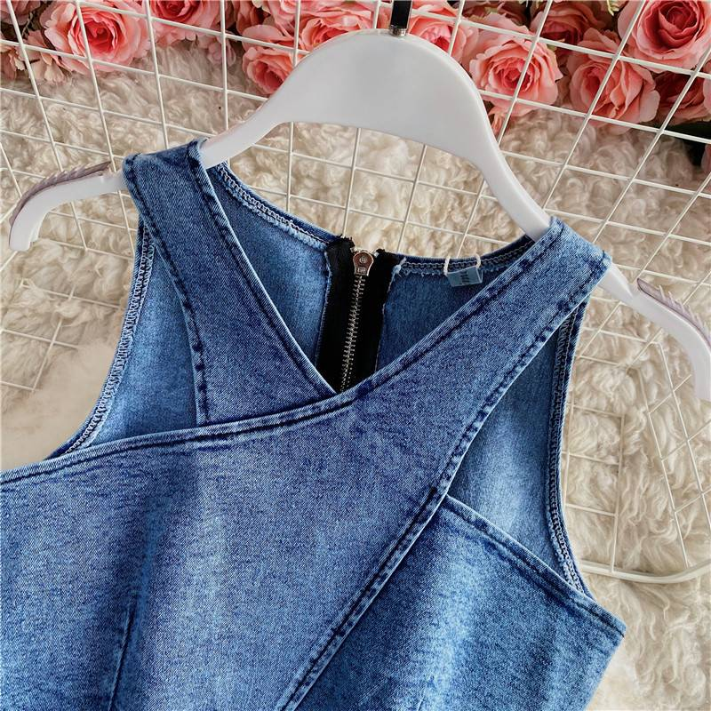 Roupas femininas novas Slim Fit zíper curto Denim camisola duas peças terno irregular fenda quadril saia_voghion.com