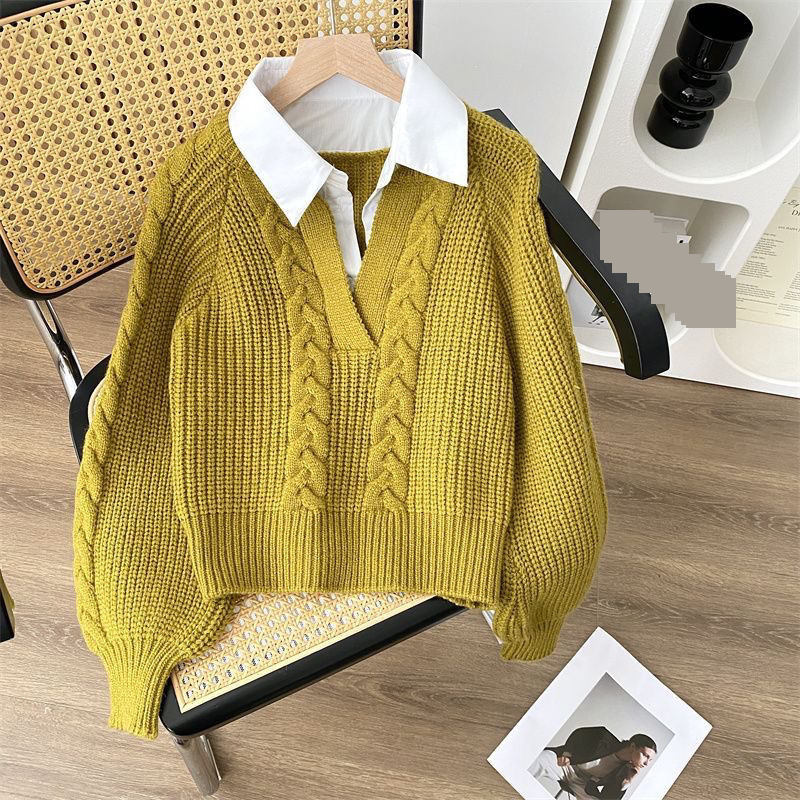 Pull en tricot synthétique deux pièces pour femme - Haut à col polo rétro japonais avec motif torsadé pour l'automne et l'hiver_voghion.com