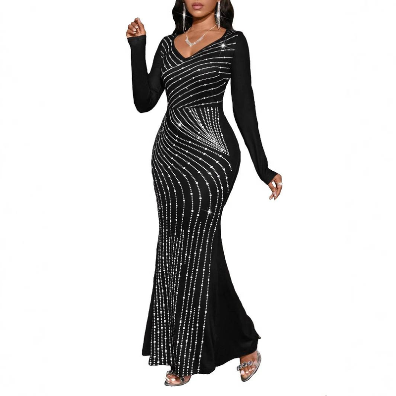 Women’s Elegant Diamond-Patterned Long Sleeve Dress – Slim Fit Sexy Bodycon Dress For Spring & Summer (Black, S-XXL)_voghion.com