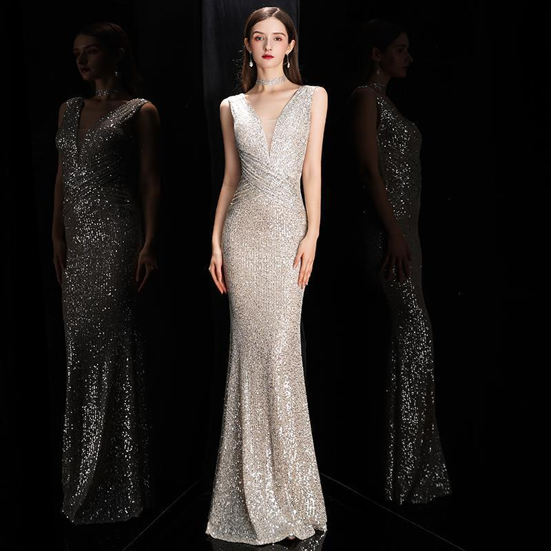 Elegantes Champagner-Meerjungfrauen-Abendkleid mit Pailletten – Eng anliegendes, sexy langes Kleid für Bankette, Partys und besondere Anlässe_voghion.com