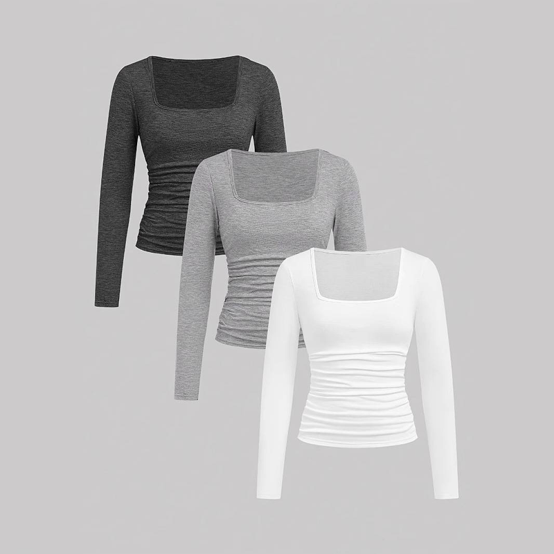 Women's Square Neck Long Sleeve Knit T-Shirt 3-Pack Set - Solid Color Wrinkle Texture Casual Tops_voghion.com