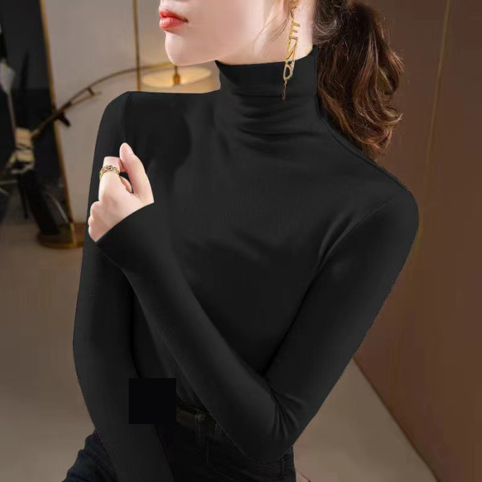 Camiseta térmica feminina de gola alta, ajuste fino e manga comprida, camada de base de inverno com forro de lã macia, confortável e quente, respirável e elástica_voghion.com