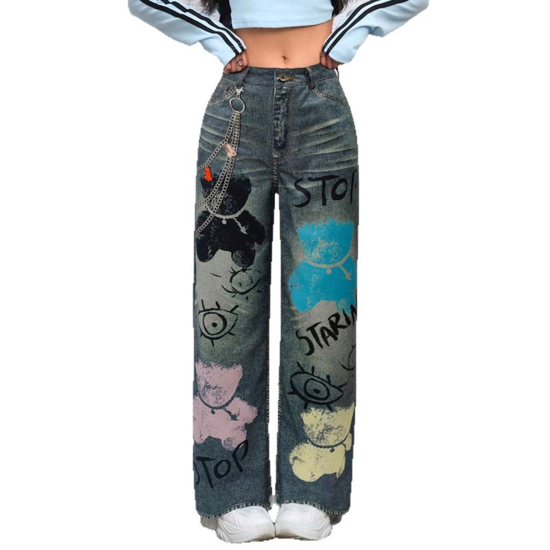 Damen-Jeans mit weitem Bein und Graffiti-Print – Streetwear-Jeans mit künstlerischem Flair (S/M/L/XL/XXL, Relaxed Fit, Mid-Rise, maschinenwaschbar)_voghion.com