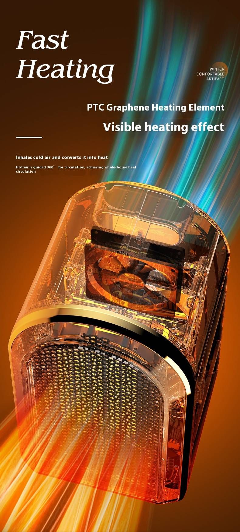 1500W PTC Fast Heating Space Heater With Oscillation - Compact & Portable For Home/Office, 2-Speed Settings, Overheat & Tip-Over Protection_voghion.com