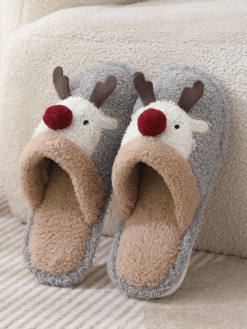 Süße Weihnachts-Rentier-Baumwoll-Hausschuhe für Frauen, Wintermode-Hausschuhe, rutschfeste Paar-Hausschuhe_voghion.com