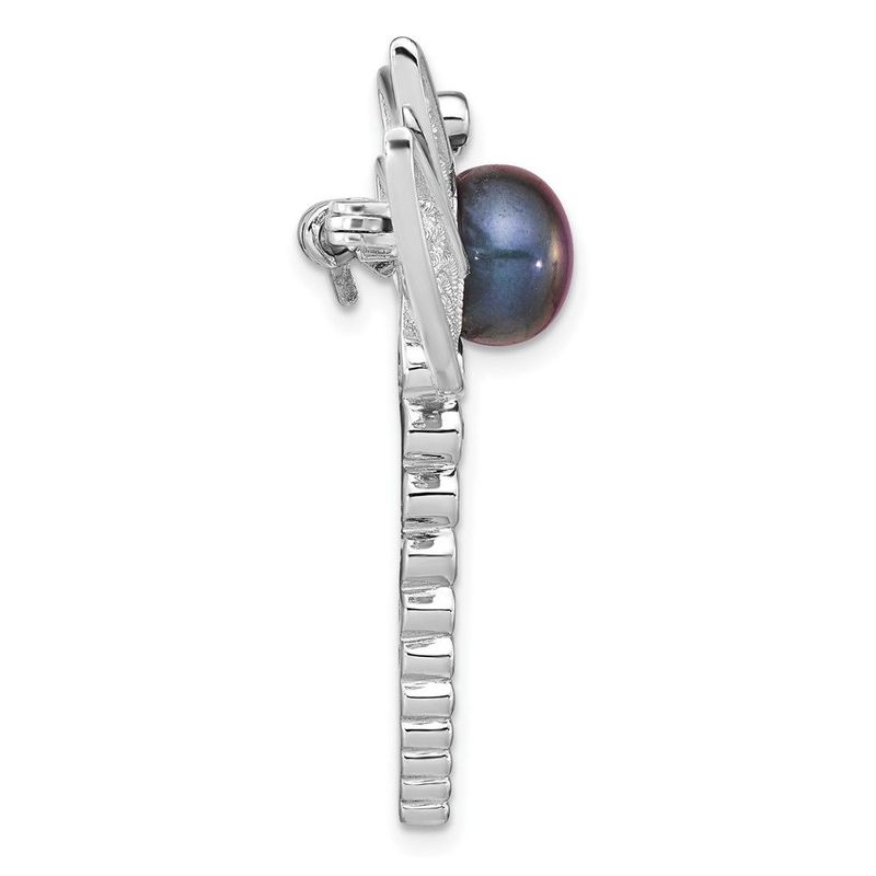 Sterling Silver Rhodium-plated 8-9mm Black Button Freshwater Cultured Pearl And CZ Dragonfly Brooch_voghion.com