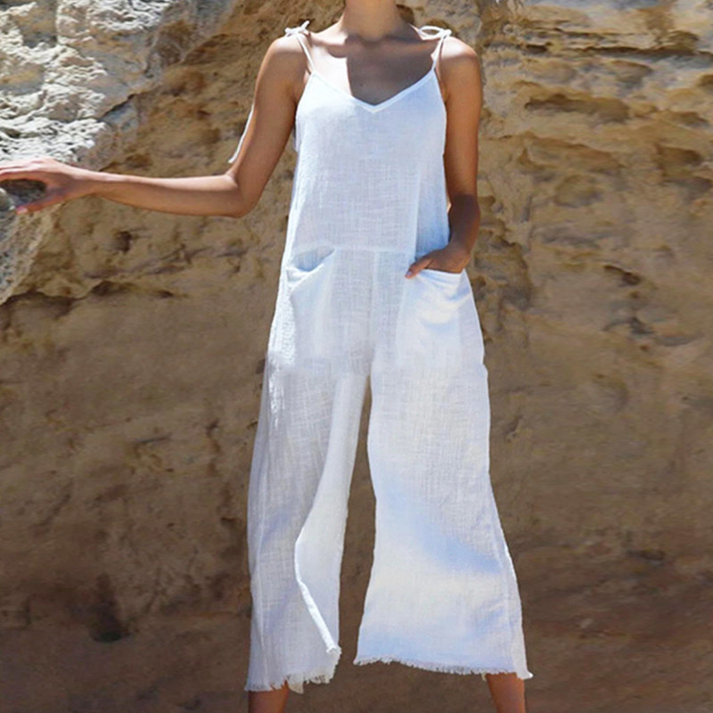 Damen-Overall aus einfarbigem Bambus-Leinen mit sexy Hosenträgern_voghion.com