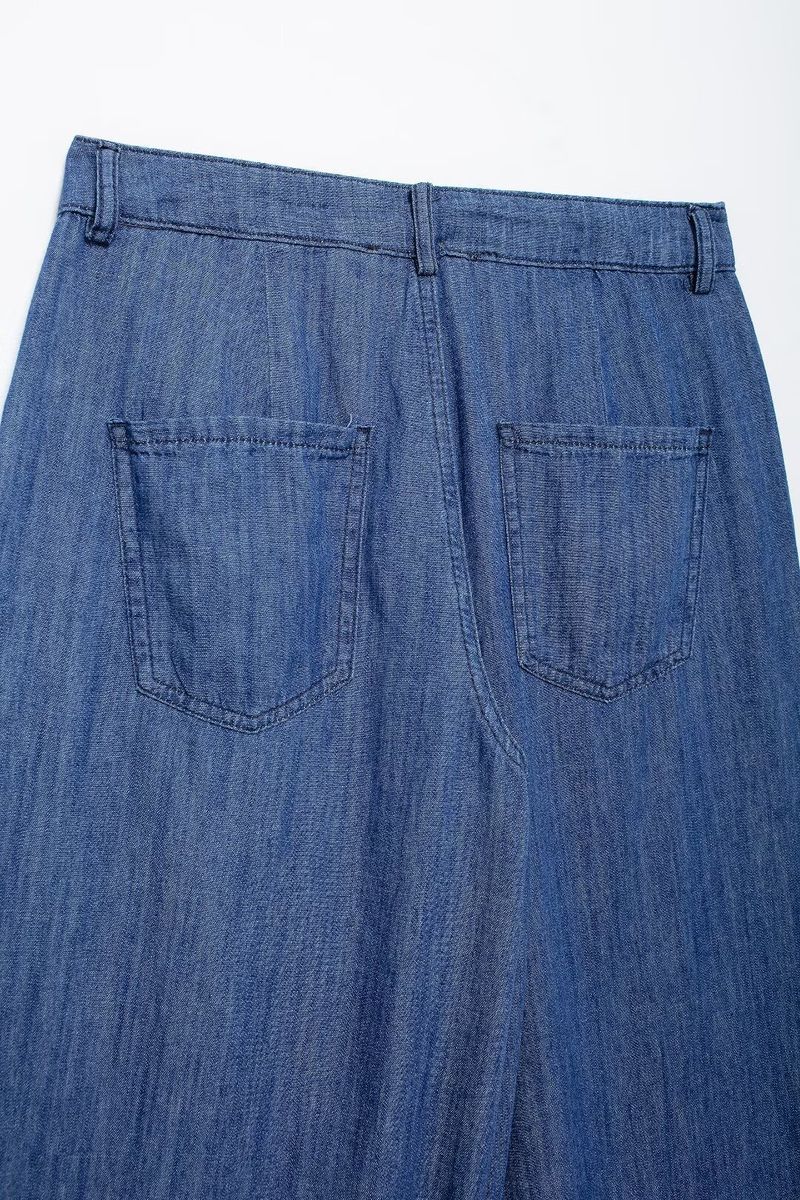 Women's Denim Shirt & Wide Leg Pants Set - Casual Office Wear, Comfortable Stretch Fabric, Adjustable Waist Tie, Autumn Fashion_voghion.com