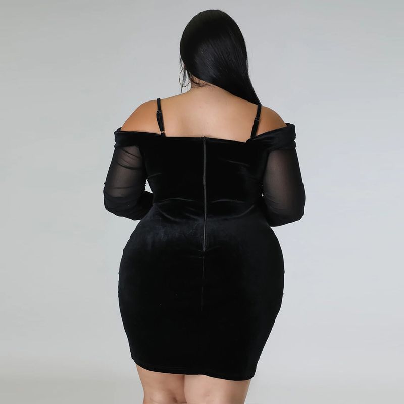 Women's Clothing large size velvet fabric dress Sexy V-neck hip-hugging large size dress see-through long sleeves_voghion.com